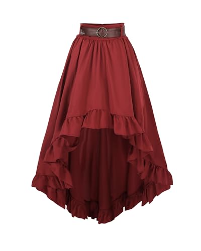 FCCAM Steampunk Damen Röck Rot Knielang Gothic Rock Piraten Rock Damen für Halloween und Festival, S