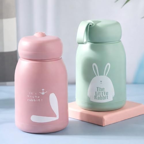 Image of Rabbit Design Cartoon Kids Bottle 330 ML | Cute Printed School Bottle with Handle | Compact Portable Bottle for School Travel Return Gift (Pack of 1)