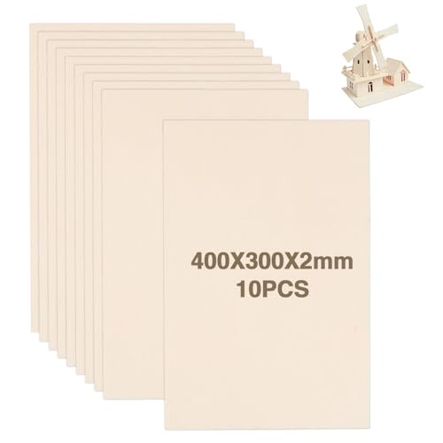 10Pcs Plywood Sheets, 400 x 300 x 2mm Wood Sheets Unfinished Basswood Sheet Plywood Board Wooden Basswood for Pyrography Model Making DIY Crafts Painting Engraving Laser Cut