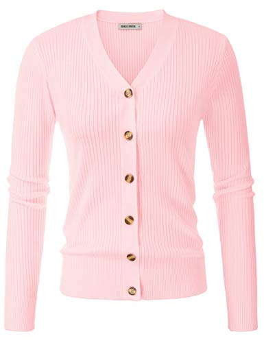 V Neck Cardigan Stretchy Outwear Button Down Highly Elastic Sweaters For Women (L,Rib-Pink) #TOP1