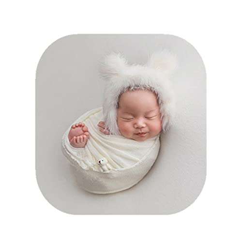 Infant Newborn Monthly Baby Boys Girls Handmade Knit Photography Props Bear Hat with Wrap Blanket Set (White)