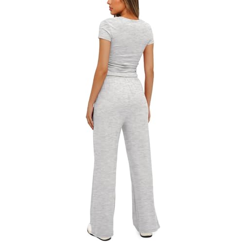 Lounge Sets for Women Casual Workout Two Piece Outfits Short Sleeve Crop Top Foldover Flare Pant Yoga Sweatsuit Outfit3