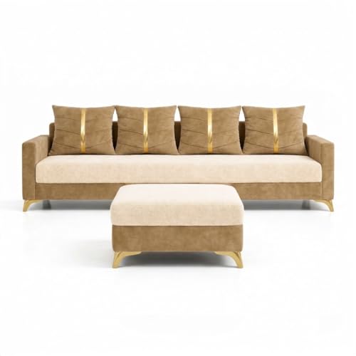 Image of Caviar 5 Seater L Shape Sofa Set with Movable Ottoman | Flexible Layout | Luxury Velvet Suede Fabric | Modern Living Room Sofa | Cream-Beige