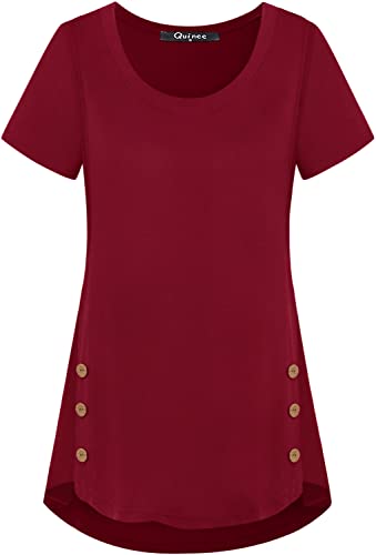 Maternity Tunic, Quinee Women Round Neck Short Sleeve Summer Breastfeeding Pajamas Layering Nursing Tops Easy Acces Home Wear Button Details Comfortable Knitted Shirts Wine Red #TOP1