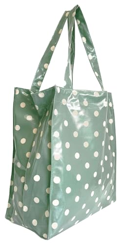 GFM® Women's Classic Polka Dot Tote Bag – Reusable Eco Friendly Medium Size, Waterproof Oilcloth Lunch Shopping Bag, Glossy,Zip Pockets, Everyday Casual Handbag -Light Green-(OC-MG-Polka-HLTL)