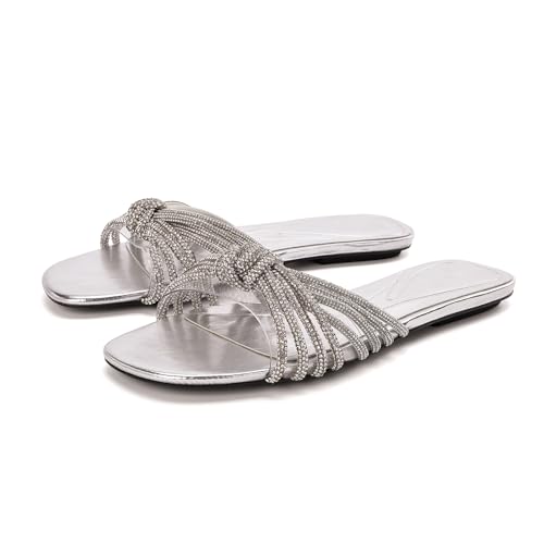 Womens Rhinestone Straps Flat Sandals Comfortable Fashion Slip-On Round Toe Sparkle Flat Slide Sandals For Casual Daily Party Prom Vacation