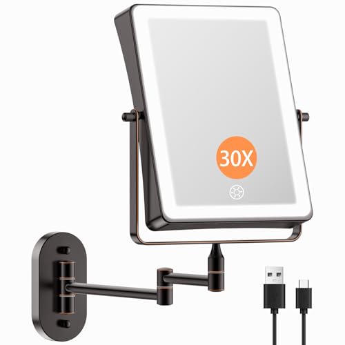 Famihomii 5000mAh Wiederaufladbar Kosmetikspiegel mit LED Beleuchtetung, Schminkspiegel mit 1-/30X Vergrößerung Und Touchschalter Batterie, Dimmbarer Rasierspiegel 360° Schwenkbar Wandmontage (Bronze) 1