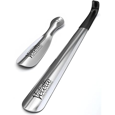 Velette Metal Shoe Horn - Long Handle Shoe Horns for Seniors, Men, Women and Kids - Shoehorn Helper for Boots and Shoes - Set of 2, Long (16.5 Inches) & Travel Size (7.5 Inches) Cover