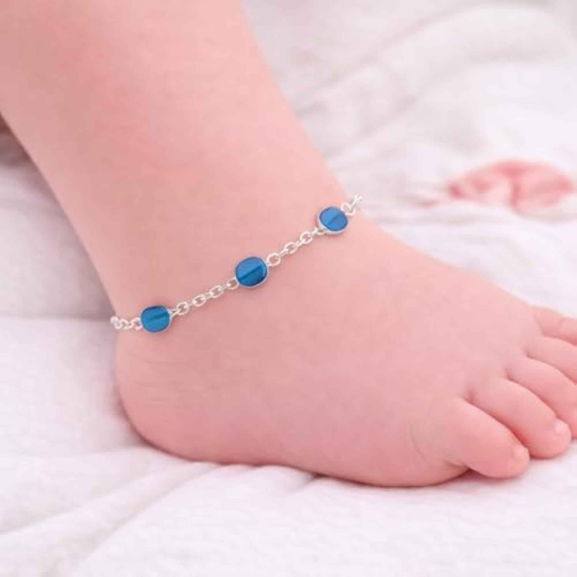 925 Sterling Silver Single Anklet with Midnight Blue Crystal Charms