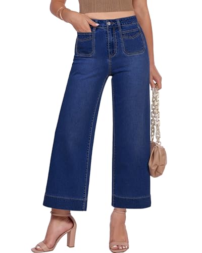 GRAPENT Wide Leg Jeans Women Stretchy Trendy Womens Crop Women's Plus Size Cropped for Wide Leg Cropped Jeans, Darkness Blue, 2XL, US Size 20 to 22