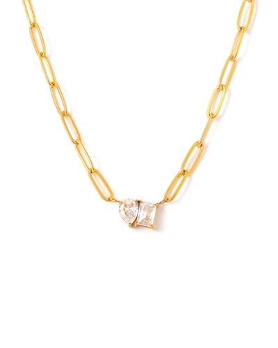 Women's Necklace 18K Gold Plated Paperclip Chain with Square & Teardrop Zircon Gemstones Pendant, 15.7