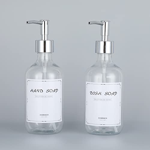 Essbhach Dish Soap Dispenser For Kichen Sink, Clear Plastic Hand Sopa Dispenser Bathroom With Rust Proof Pump,Silicone Funnel And 6 Waterproof Labels,Premium Thick Soap Pump Bottles(2 Pack,16.9 Oz) #TOP6