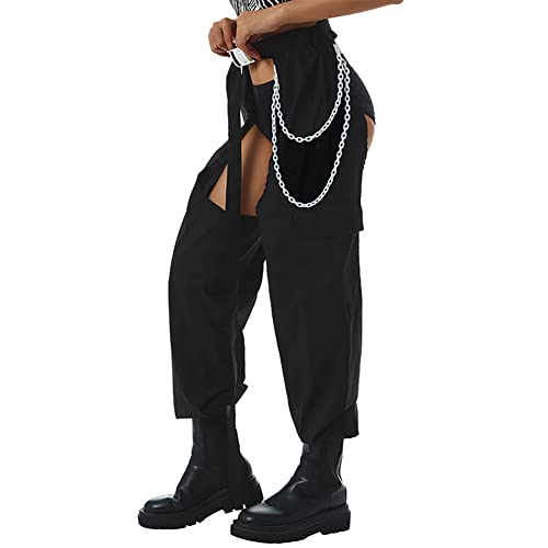 Assless Chaps Women\'s Black Cargo Rave Pants with Belt High Waist Crotchless Buckle Chain Hollow Out Dance Trousers Y2K EDM Festivals UFO Pants #2 L
