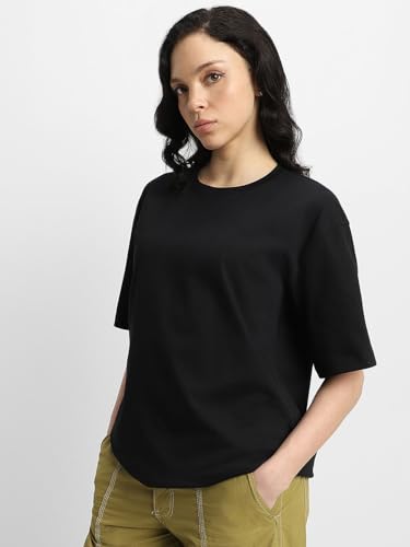 Image of JUNEBERRY Pure Cotton Oversized Baggy Fit Half Sleeve Drop Shoulder Plain Solid Round Neck T-Shirt for Women (Available in Black, White, Lilac, Cork, Maroon, Royal Blue, Swan White, Soap Nut Colors)