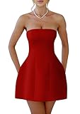 YMDUCH Womens Sexy Strapless Tube A-line Mini Dress Club Party Short Prom Dress Red