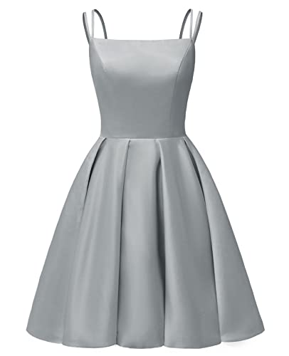 Image of Tianzhihe Satin Homecoming Dresses for Teens 2026 Spaghetti Straps A-line Square Neck Short Cocktail Party Dress with Pockets