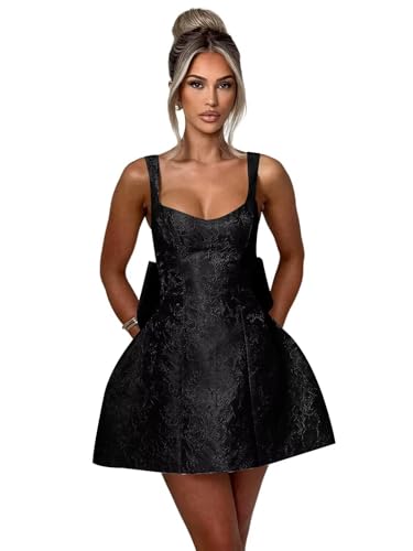 Image of Satin Mini Homecoming Dresses with Bow 2025 Plus Size A Line Black V Neck Sleeveless Lace Up Short Cocktail Prom Evening Gown for Teens US18W