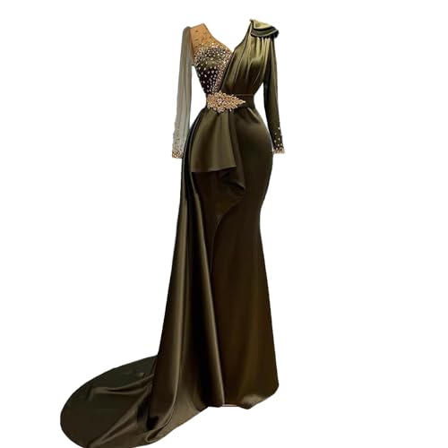 Long Sleeves V Neck Green Mermaid Evening Dress Sweep Train Bridesmaid Dress Party Prom Dress