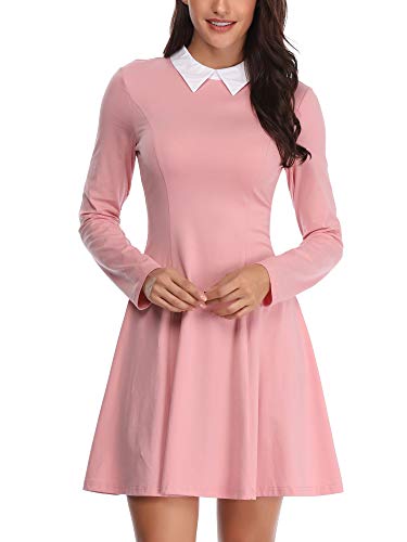 Fensace Womens Long Sleeve Dress Turn-Down Collar Eleven's Pink Costume Fit And Flare Skater Dress(Pink,Small) #TOP1