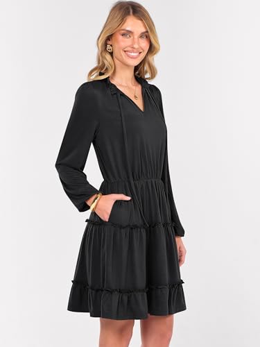 Caracilia Long Sleeve Dress for Women Fall 2025 Casual V Neck High Waist Tiered Ruffle Aline Swing Tunic Short Mini Dresses4