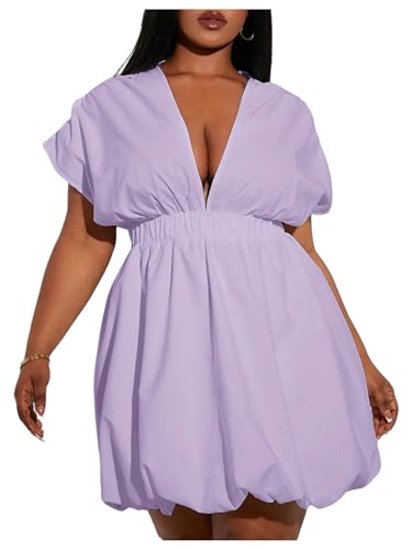 Image of WDIRARA Women's Plus Size Deep V Neck Bubble Dress Short Sleeve A Line Mini Dresses