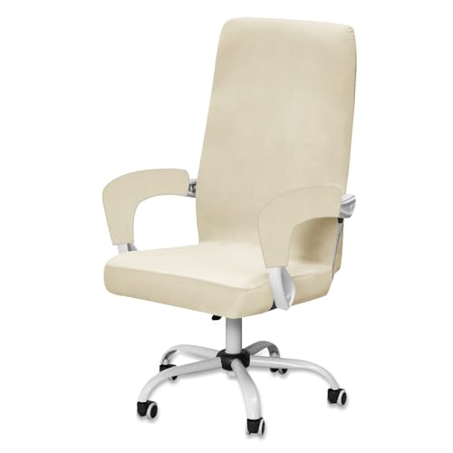 BXFUL Funda para Silla de Oficina de Terciopelo con 2 Fundas para Reposabrazos, Cubierta Protectora de la Sillón de Ordenadora Removible Fundas de Sillas Giratorias (Beige,Medium)