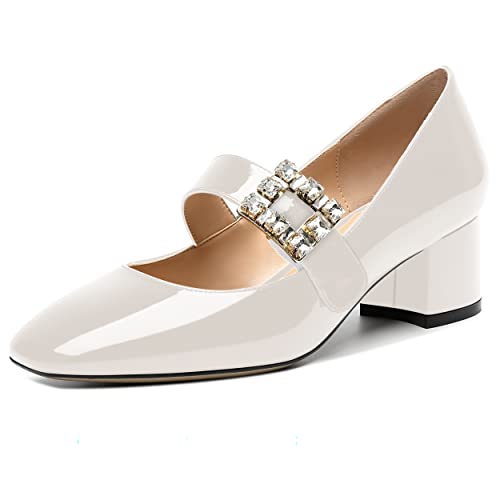 NUMALEO Womens Rhinestone Wedding Square Toe Dress Patent Ankle Strap Solid Bungee Chunky Low Heel Pumps Shoes 2 Inch