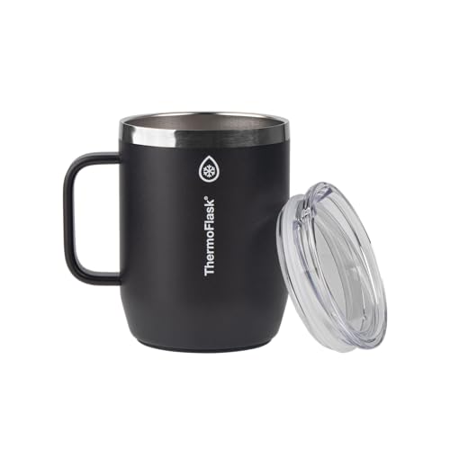 Image of ThermoFlask Insulated Coffee Mug with Handle and Splash-Resistant Lid (12 oz, Jet Black) - Stainless Steel Travel Mug for Coffee & Tea