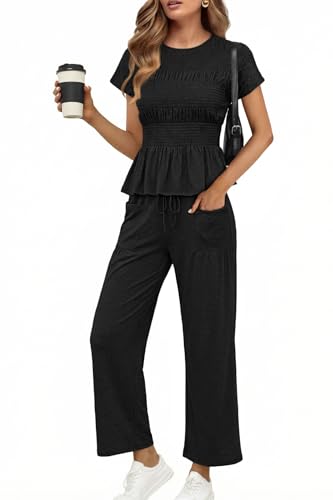 Cicy Bell Womens 2 Piece Outfits Smocked Short Sleeve Tops Wide Leg Elastic Waist Pants Casual Boho Lounge Matching Sets Black