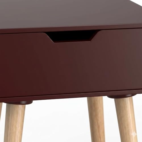 Image of Modern White Bedside Table with 1 Drawers & Wooden Legs | Compact Nightstand for Bedroom | Scandinavian Style Side Table with Storage for Home Living Room (Brown, 1 Drawer)