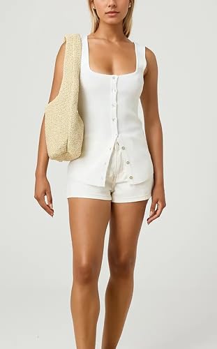 Image of Women Square Neck Button Down Knit Tank Top Button-Up U Neck Sleeveless Backless Solid Slim Sexy Sweater Vest Tops