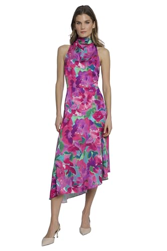 Image of Maggy London Women's High Neck Halter Asymmetrical Fit and Flare Midi Dress | Wedding Guest Dresses for Women