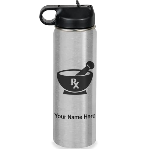LaserGram Personalized Water Bottle, Rx Pharmacy Symbol, Stainless Steel Double Wall Vacuum Insulated with Flip Top Straw, Custom Engraved Gift (20oz / 590ml Stainless)