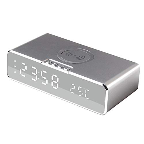 Wireless Ladung Digitaler LCD-Wecker-Pad-Station Zeittemperatur-Datum-Anzeige Snooze for Schlafzimmer Schlafzimmer Badezimmer (Color : Silver)