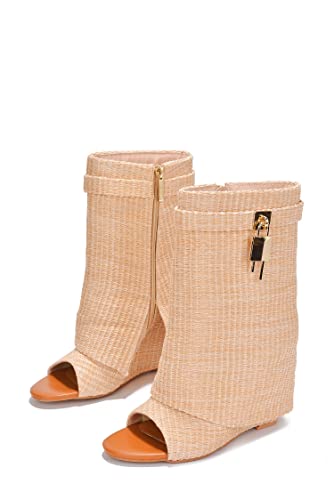 Cape Robbin Women Fold Over Boots, Wedge Heel Mid Calf Ankle Boot with Padlock2