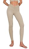 ODODOS Cloud Feeling Ruched Yoga Leggings for Women 7/8 Length High Waist Crossover Yoga Pants, Shaker Beige, Medium