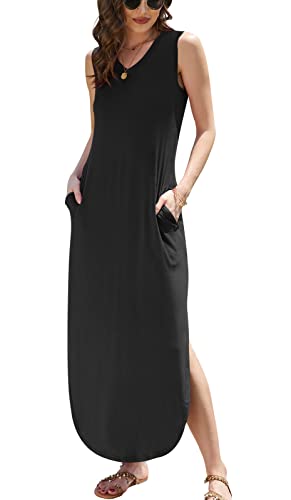 Image of DouBCQ Women's Summer Maxi Casual Sundress V Neck Sleeveless Long Dresses with Pockets