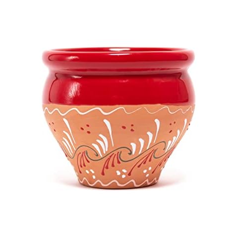 Verano Spanish Ceramics Outdoor Living Inca Hand Painted Terracotta Garden Flower Plant Pots - 23cm x 23cm Red Rim Cover