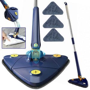 BIGTHREE 360° Swivel Adjustable Cleaning Mop, Retractable Triangle With Water Squeezing Function, Long Handle Wet & Dry for Floor/Wall/Window With 3 Replacement Pads
