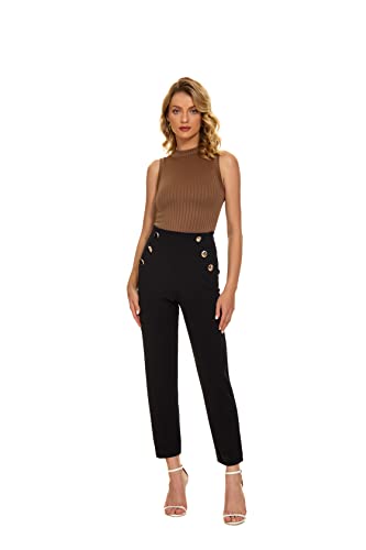 Women's Casual High Waisted Ankle Cropped Pants Elastic Waistband Slant Pockets with Metal Buttons2