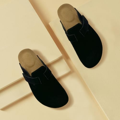 Image of Kids Suede Clogs Boys Girls Sandals Leather Mules Cork Footbed Slippers with Arch Support Comfort Slip On Slippers Classic Adjustable
