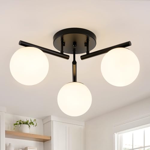 Image of 3 Light Modern Sputnik Semi Flush Mount Ceiling Light, Black Sputnik Ceiling Light Fixture, 21.65 '' Milky Glass Globe Mid Century Modern Ceiling Lights for Bedroom Hallway Living Room