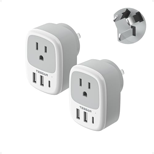 2 Pack US to Australia Plug Adapter TESSAN New Zealand Power Adapter with 1 Electrical Outlet 3 USB Ports (1 USB C) Type I Travel Outlet Adaptor for USA to Australian Argentina China Fiji AU