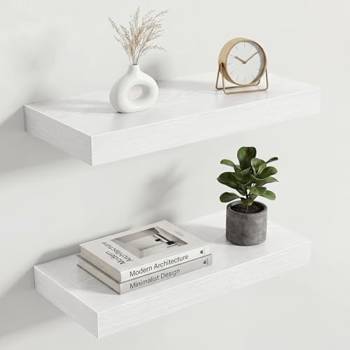 Image of Acovy 16in Long Floating Shelves for Wall Set of 2, Wood Wall Shelves for Bathroom Bedroom Kitchen Living Room Laundry Room, Modern Floating Shelf for Home Decor