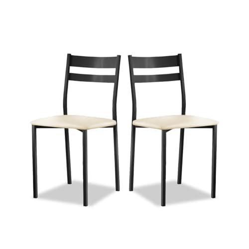 Astimesa - Silla de Comedor o Cocina de Metal Negra - Asiento Polipiel en Color Beig - 2 Unidades - 38 cm (Ancho) x 45 cm (Alto Asiento) x 85 cm (Alto Total) x 40 cm (Fondo)