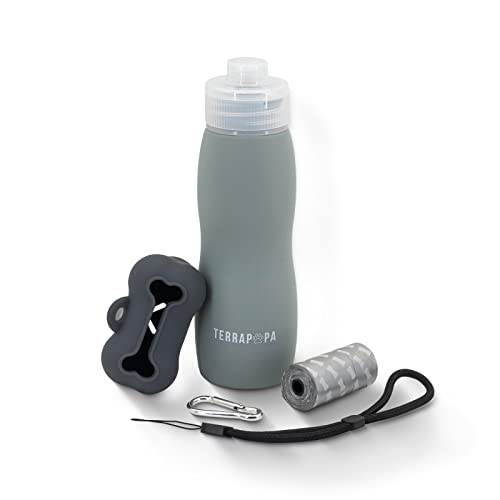 TERRAPOPA Botella Pipi Perros Silicona 400ml. Botella de Agua para Perro con tapón antigoteo y fácil de Transportar. Incluye una Botella de Agua para Perros y Accesorios para Perros (Gris)
