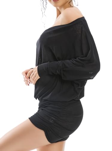 Image of Women's Off The Shoulder Dress Long Sleeve Batwing Mini Ruched Sheer Y2K Oversized Club Sexy Night Out Dresses