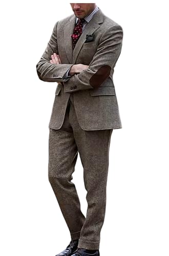 VENNYNG Men's Vintage Tweed Suits Blazer and Pant Set with Elbow Pathes 2 Pieces Smart Business Wedding Wear