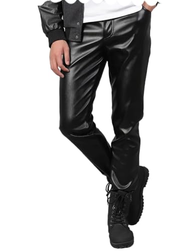 Mens Slim Fit Leather Pants 70s Retro Straight Leg Pants Disco Party Trousers Biker Pants
