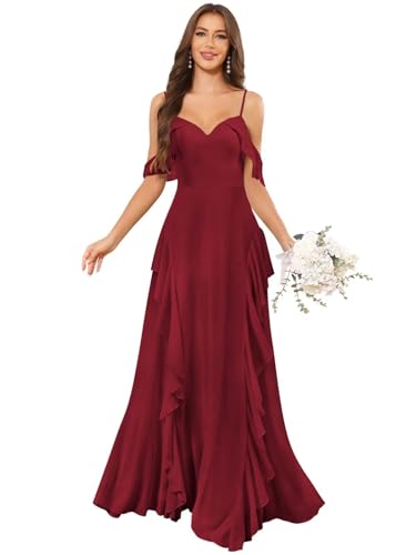 Off The Shoulder Ruffle Bridesmaid Dresses for Women Spaghetti Straps Chiffon A Line Formal Evening Dress